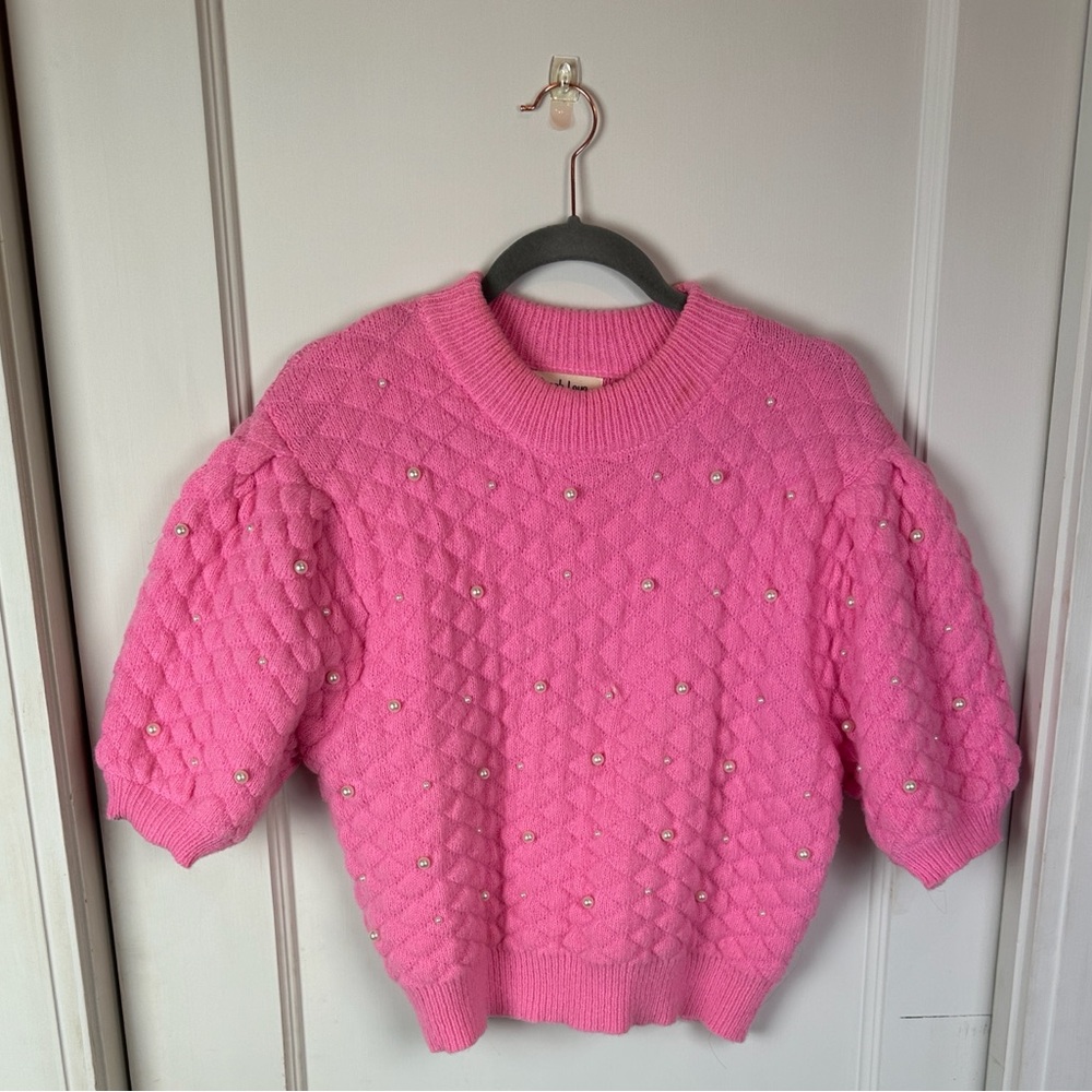Peach Love California Pink Quilted Sweater with Pearl Details